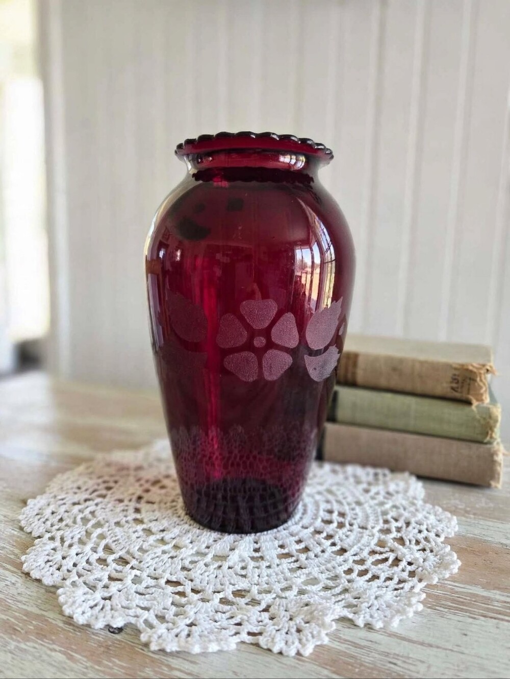 Vintage Anchor Hocking Royal Ruby Red Glass Vase | Frosted Floral Etch